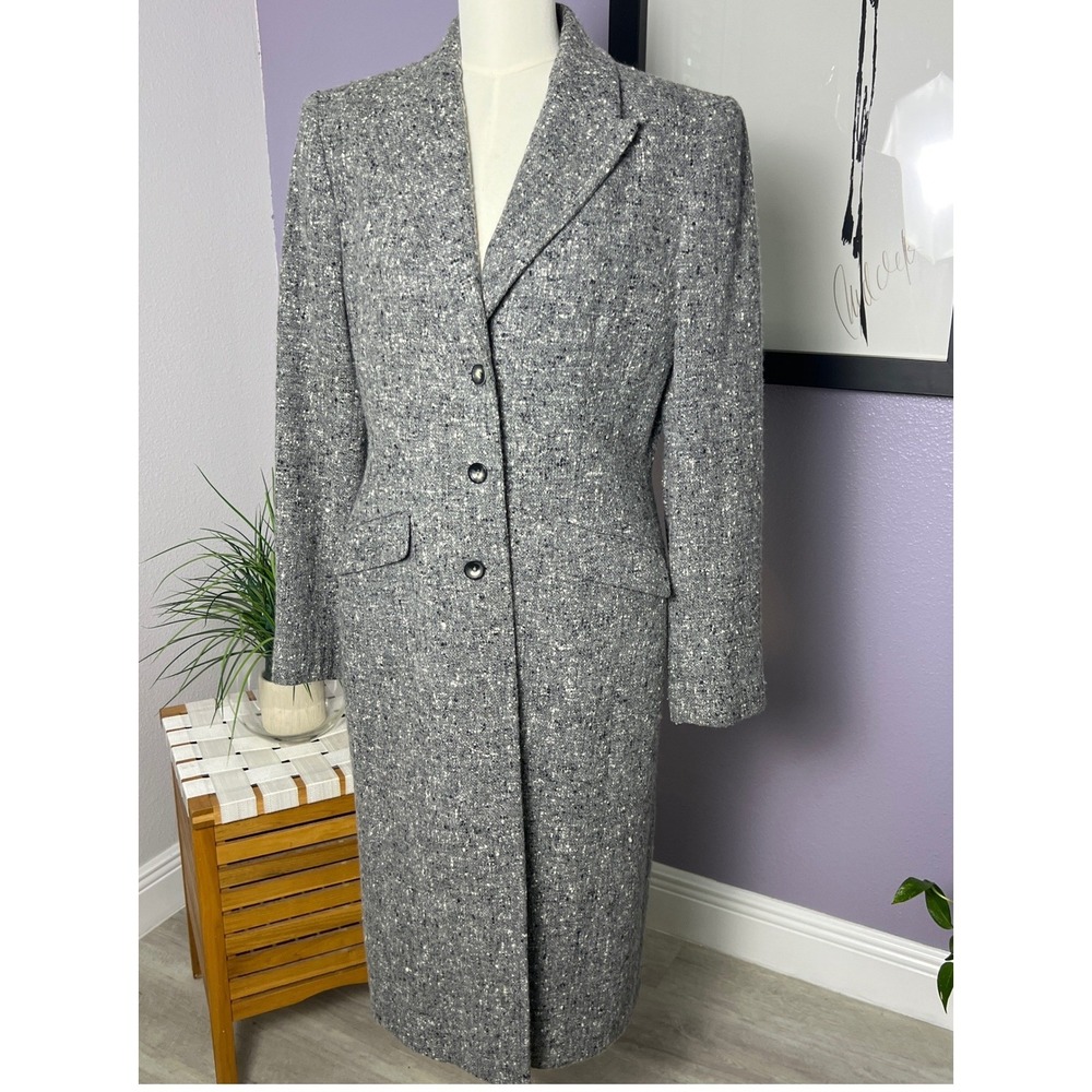 Vtg 90s Classiques Entier Gray Salt Pepper Tweed Wool Tailored Longline Coat 12